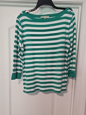 Jones New York Green and White Striped Boatneck Top Cross Posted